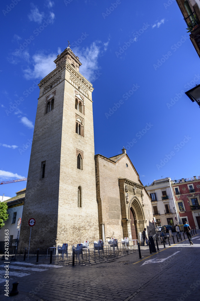 view of the medieval church of San Marcos in Seville, Andalucia, Spain.