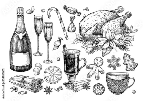 Christmas traditional food and drink set. Holiday treats vector 