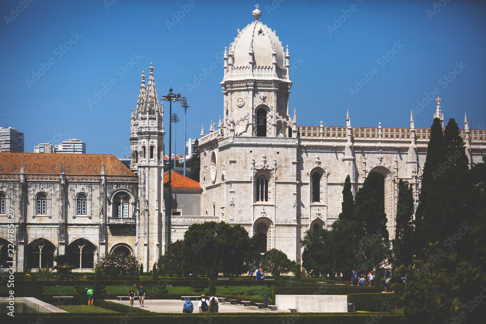 The Jeronimos Monastery or Hieronymites Monastery, near the Tagus river in the parish of Belem, in the Lisbon Municipality, Portugal, summer sunny day