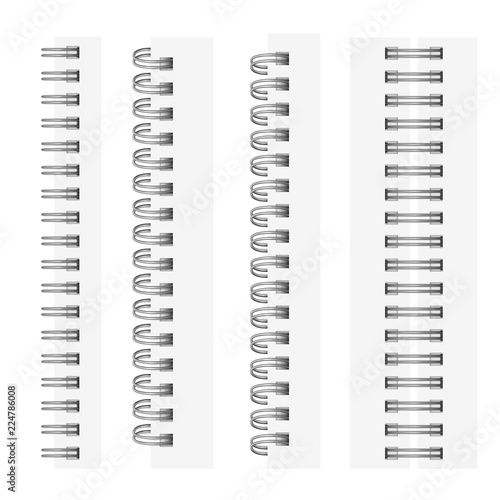 Vector set of realistic images (mock-up, layout) of silver spirals for a notebook: a top view, a perspective view, a spiral of an open notepad. The image was created using the gradient mesh. EPS 10.