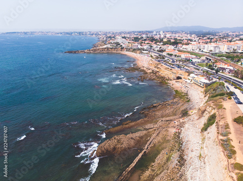 Aerial drone view of Cascais beach, Parede civil parish, Greater Lisbon, Portugal, Atlantic Ocean shore © tsuguliev