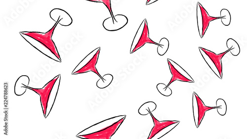 Texture, a seamless pattern of beautiful hand-drawn watercolor glass glasses for martini cocktails with a delicate thin leg. The background. Vector illustration