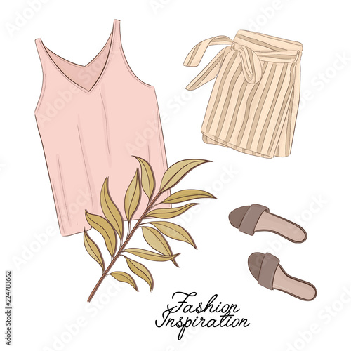 Girls outlook: shorts, shoes and top in pastel colors, decorated with palm leave. Trendy fashion illustration. Magazine article flatlay  print of modern apparel. Business watercolor art.