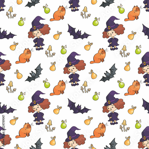 Halloween seamless pattern in doodle style. Childhood vector background.