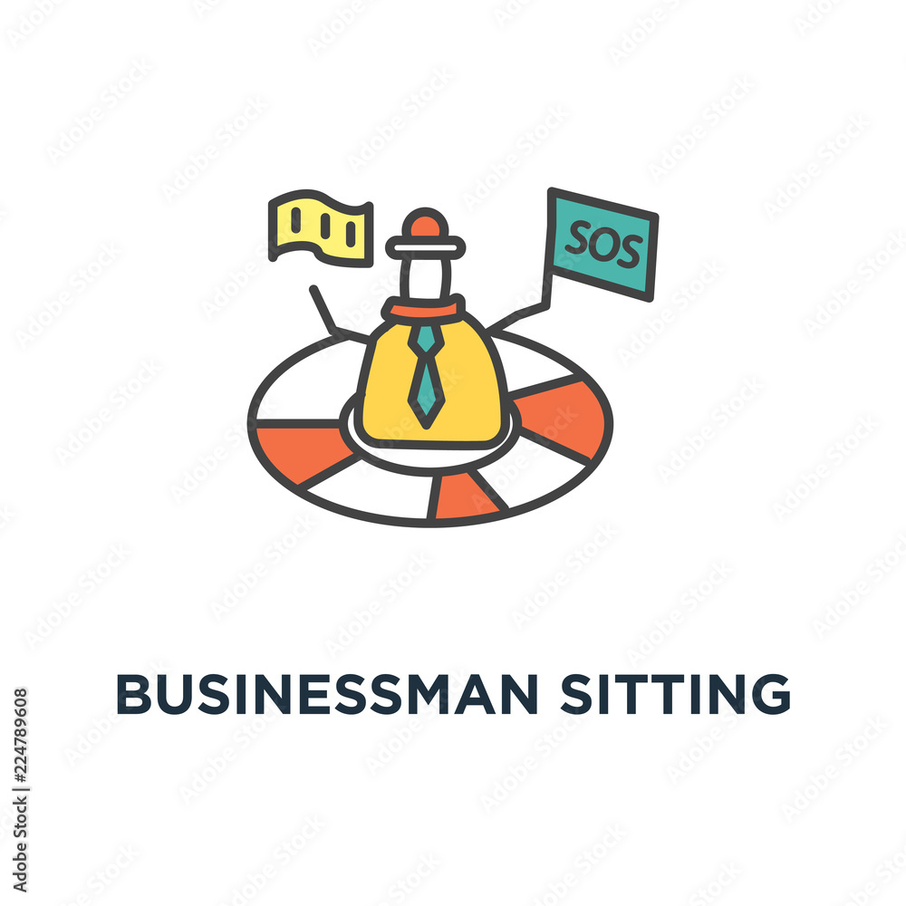 businessman sitting on the earth and working with mobile phone icon. there  are geo pins on the world map, global business concept symbol design,  connection, freelance, remote work, travel, doodle, Stock Vector