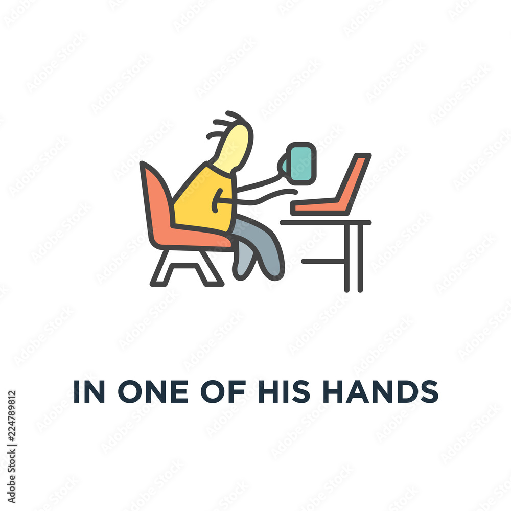 in one of his hands is a mug with coffee, freelance icon, cute fun character sitting on the armchair and chatting via laptop, white outline modern design,, comfortable work from home