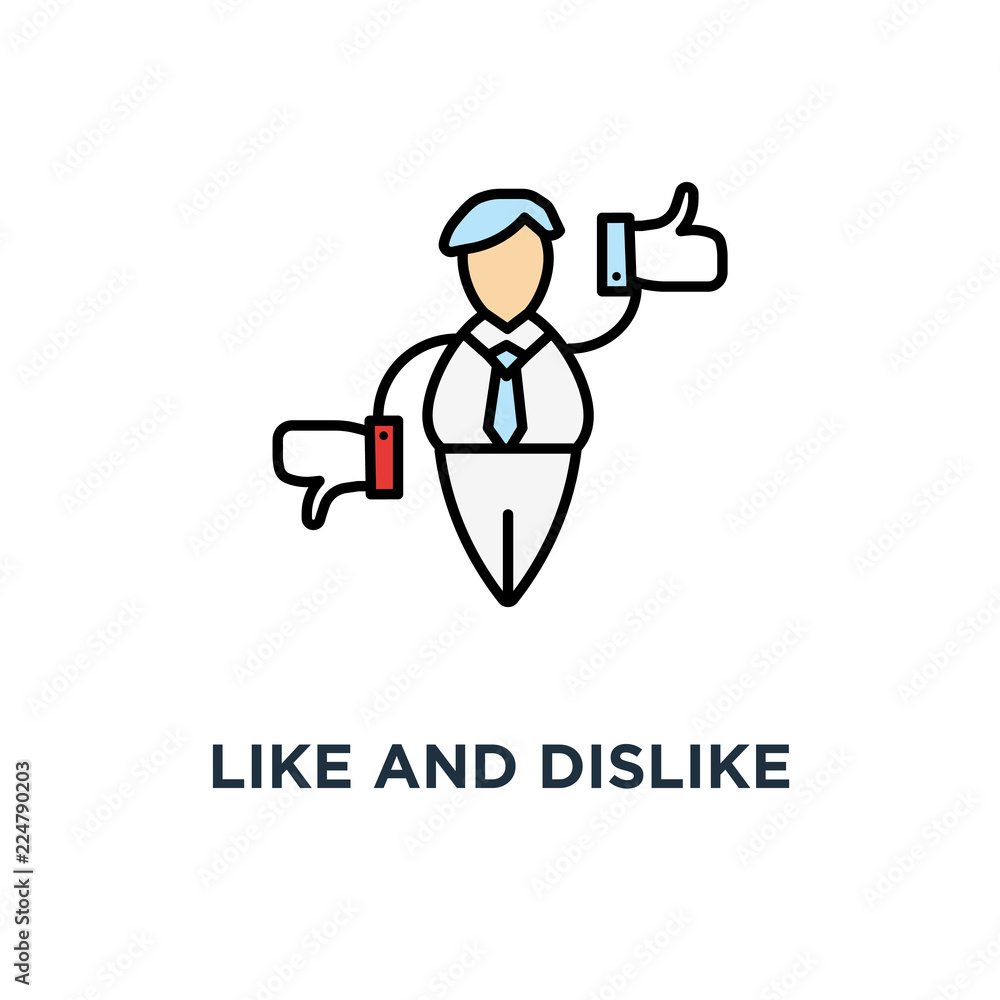 like and dislike icon, symbol of social media marketing, cute cartoon character holds like and dislike in hands, outline in trendy design style, concept