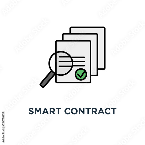 smart contract audit or smart contract review icon, symbol of outline concept main electronic blockchain ico document with loupe and code