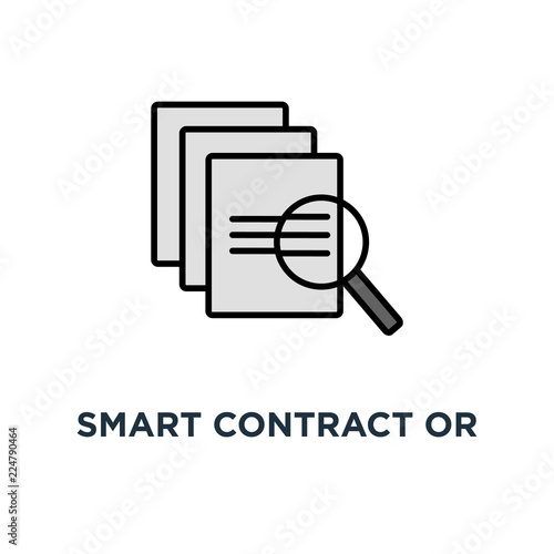 smart contract or smart contract review icon, symbol of outline concept main electronic blockchain ico document with loupe and code