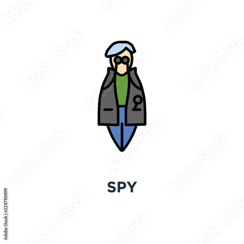 spy icon. agent, disguising, investigate, outline, concept symbol design, inspector, investigator, detective character in cute hat with magnifying glass, sleuthing vector illustration