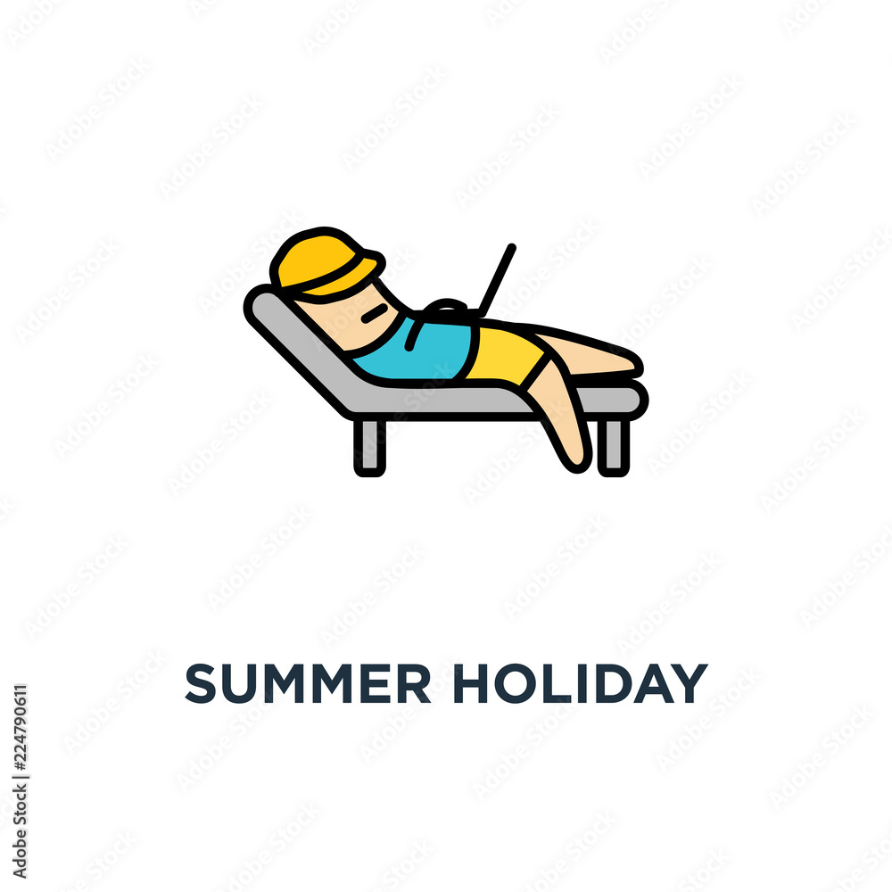 summer holiday icon. cute cartoon funny character with with laptop concept  symbol design, vacation, trip to the sea, holiday relax, leisure with beach  background, idyllic travel or freelance, vector Stock Vector |