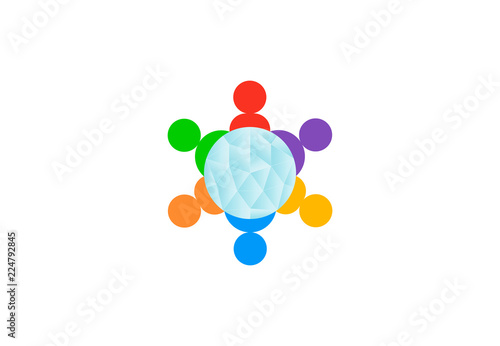 Teamwork group people surrounding globe, vector logo