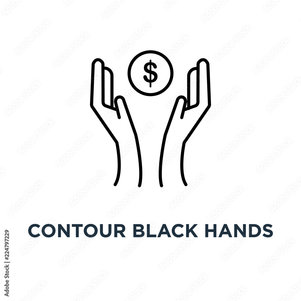 contour black hands with dollar coin icon, symbol of pocket money for kids or save commerce success concept stroke style trend modern linear simple logotype graphic art design contour black hands with dollar coin icon, symbol of pocket money for kids or save commerce success concept stroke style trend modern linear simple logotype graphic art design