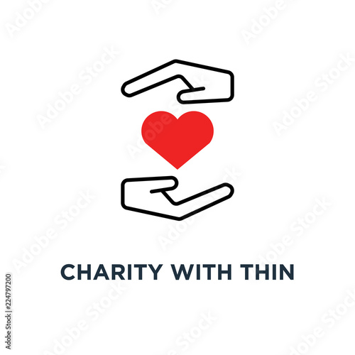 charity with thin hand and heart icon, symbol of donor woman or man arms and crowdfunding for poverty concept linear trend modern simple compassion logotype graphic art design on white