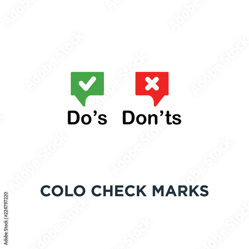 colored check marks like dos and donts icon, symbol simple round trend logotype graphic outline design on white concept of checklist for recommendations and review or evaluate
