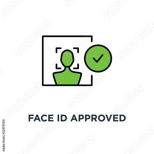 face id approved green icon, symbol of gaining access to smart phone or personal information and facial recognition program concept simple trend modern faceid logotype graphic design on white