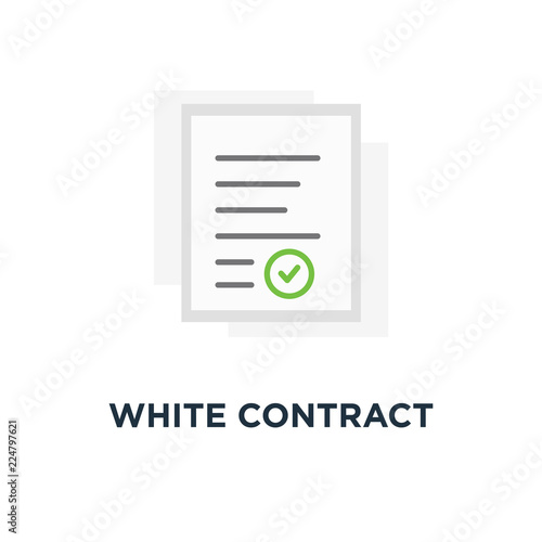 white contract document like treaty icon, symbol of announcement card or request to summary concept cartoon smart trend modern company statement or v logotype graphic design on blue background