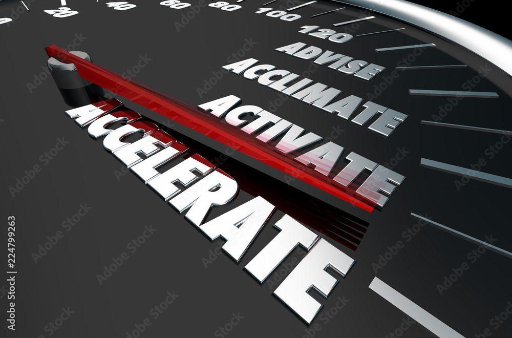 Naklejka premium Advise Acclimate Activate Accelerate Speedometer Words 3d Illustration