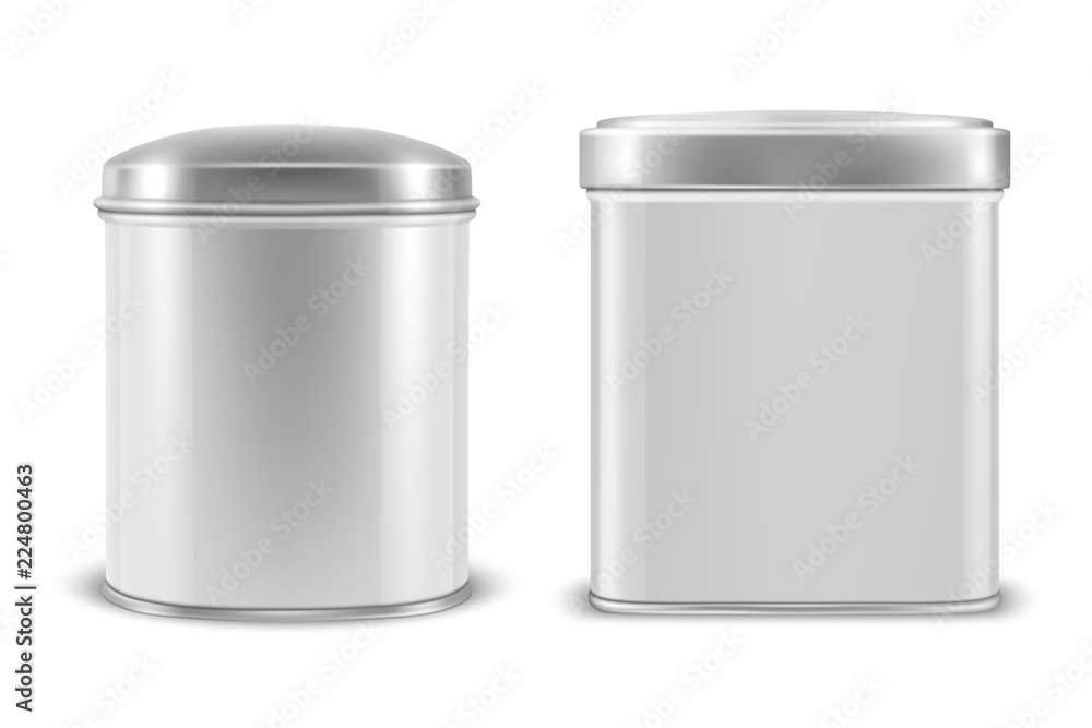 Vector realistic 3d white blank metal aluminium tin can containers with silver cap rectangular or square, oval shape icon set closeup isolated on white background. Design template for graphics Vector realistic 3d white blank metal aluminium tin can containers with silver cap rectangular or square, oval shape icon set closeup isolated on white background. Design template for graphics