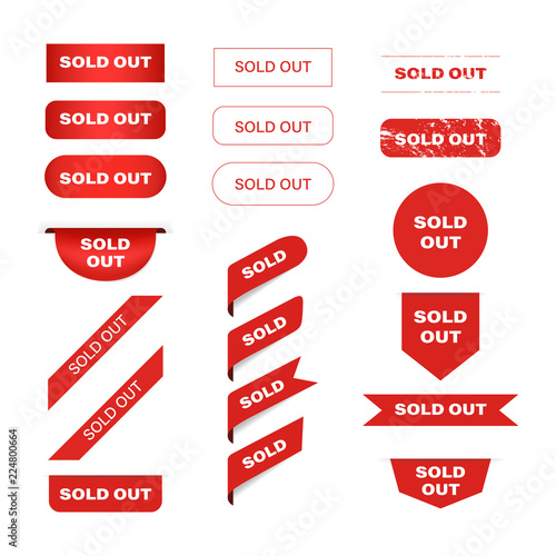 SOLD OUT red banner label and tag ribbon vector design.