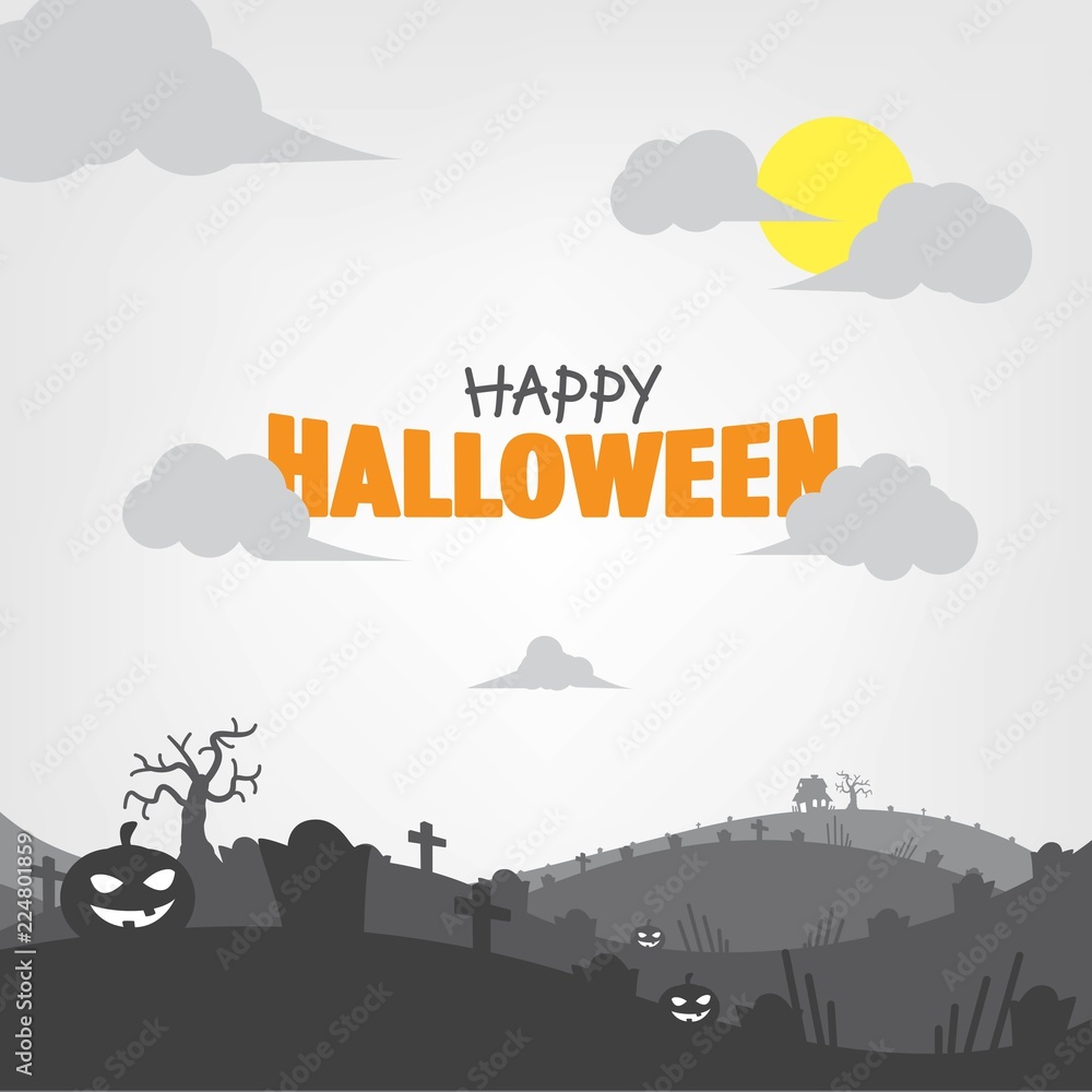 Monochrome Halloween Background. Eerie Shilouette Scenery Illustrations. Papercut Style Vector.