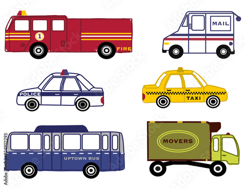 Transportation vector illustration isolated on white. Fire truck, bus, police car, taxi cab, mail truck and moving van. City vehicles.