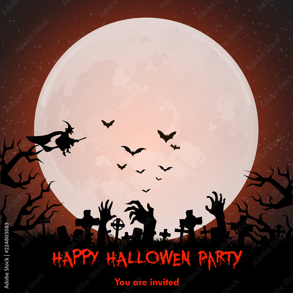 Happy Halloween background with moon and bats. Vector