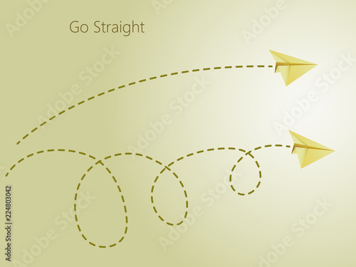 Straight and curvy flight of golden paper plane on golden background to compare simple and complex route in the sky to mean go straight path
