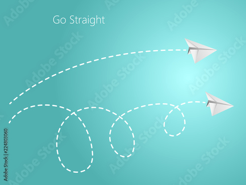 Straight and curvy flight of white paper plane on blue background to compare simple and complex route in the sky to mean go straight path