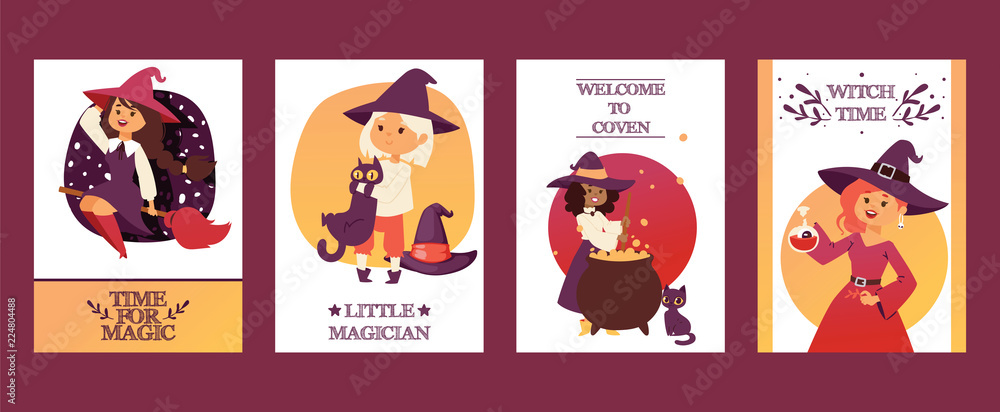 Fototapeta premium Cute little Halloween girl witchs with broom cartoon set of happy Halloween greeting invintation poster card party design print magic card fantasy young character costume hat vector illustration