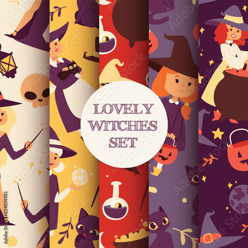 Cute little Halloween girl witchs with broom cartoon set of happy Halloween greeting invintation poster card party design print magic card fantasy young character costume hat vector illustration