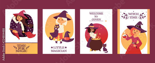 Cute little Halloween girl witchs with broom cartoon set of happy Halloween greeting invintation poster card party design print magic card fantasy young character costume hat vector illustration