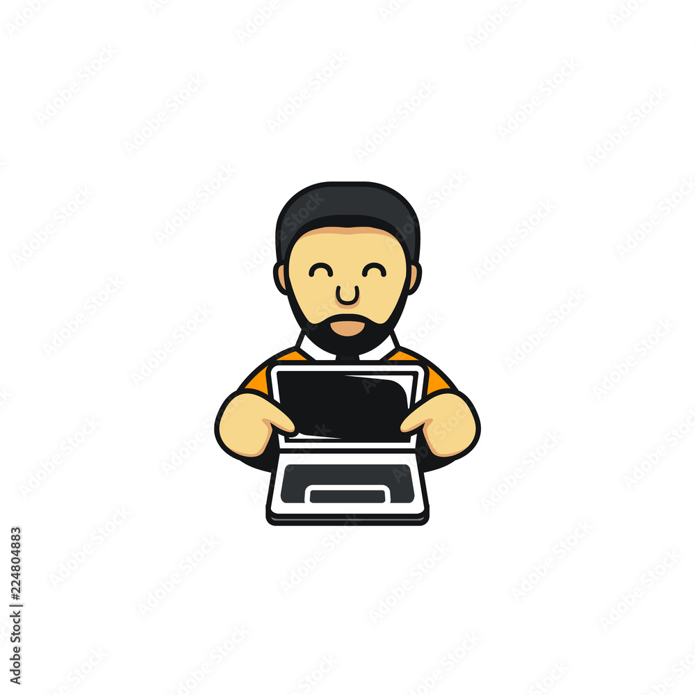Beard man laptop computer seller shop store logo character mascot illustration Beard man laptop computer seller shop store logo character mascot illustration