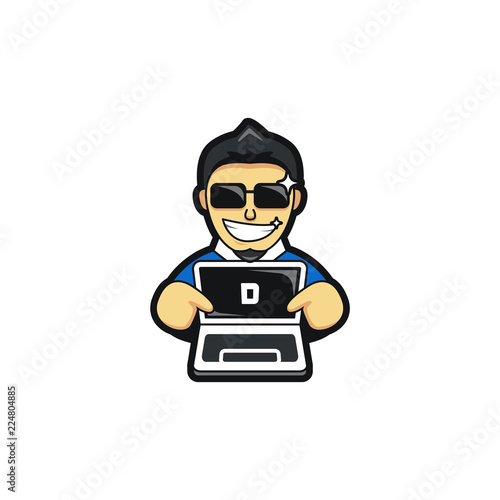 Cool man show off laptop computer store seller mascot character logo illustration