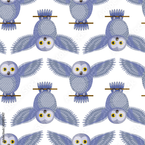 Seamless vector pattern with silver grey owls spreading wings.