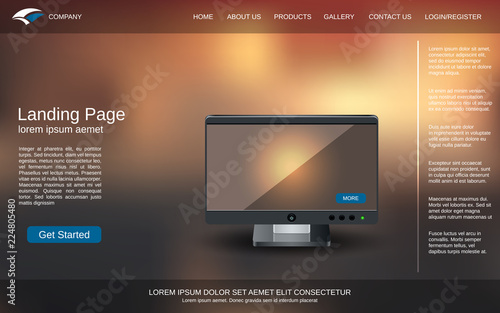 Website landing page design template. Colorful blurred vector background with desktop monitor illustration