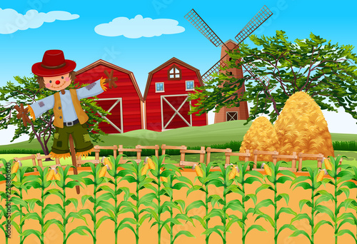 Farm scene with crops and scarecrow