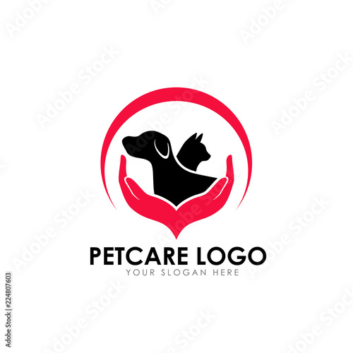 pet care logo design template. cat and dog silhouette with hand care illustration