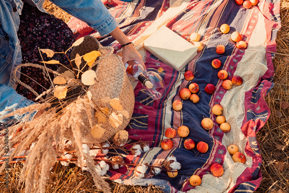 Flat lay picnic in the fresh air: a young woman in a denim jacket and dress is enjoying nature, sitting on a plaid with a picnic basket, apples, wine. 