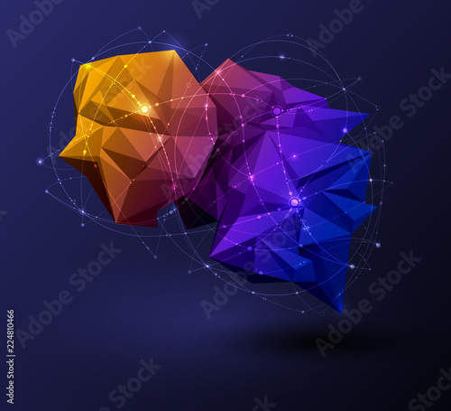 Vector 3D Illustration Geometric, Polygon, Line,Triangle pattern shape with molecule structure. Polygonal with blue purple, yellow on dark blue background. Abstract science, network connection concept