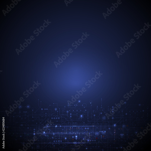Vector illustration circuit board and hexagons background. Hi-tech digital technology and engineering  digital telecom technology concept. Vector abstract futuristic on dark blue color background