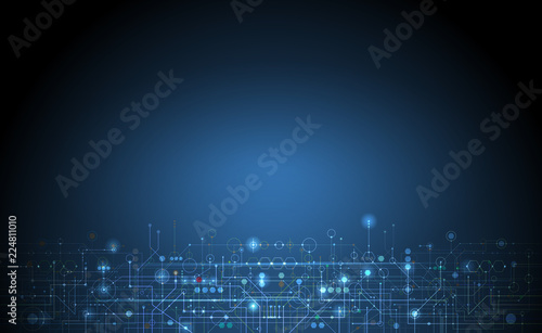 Vector illustration circuit board and hexagons background. Hi-tech digital technology and engineering, digital telecom technology concept. Abstract futuristic on dark blue color for banner background