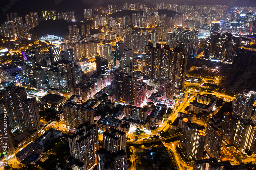 Aerial view of Hong Kong in the evening