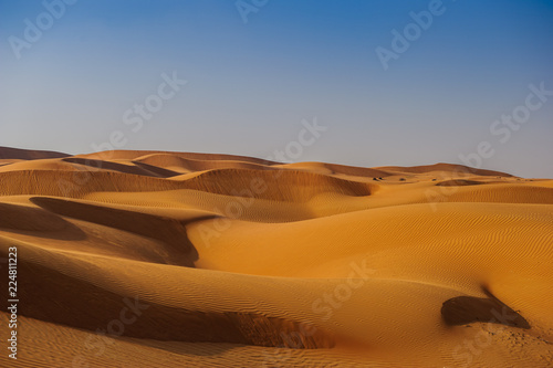 Desert of Middle East, sandy dunes and blue sky.