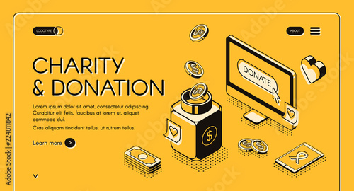 Charity and donation vector illustration in isometric line design on yellow halftone background. Volunteering an social help concept, solidarity ribbon and money foundation web template