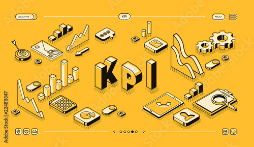 KPI business performance strategy and analysis vector illustration in thine line isometric design on yellow halftone background. Company management, growth indicators and infogrpahic charts