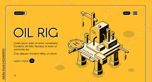 Oil rig offshore platform vector illustration on isometric line design on yellow halftone background. Sea or ocean petroleum and gas industry derrick drilling tower with helipad