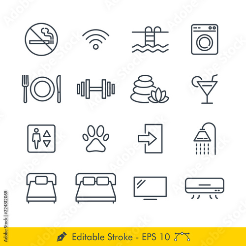 Hotel Related Signs Icons / Vectors Set - In Line / Stroke Design | Contains Such no smoking, wifi, swimming pool, laundry, restaurant, spa, bar, elevator, bed, exit, shower, fitness center, tv more