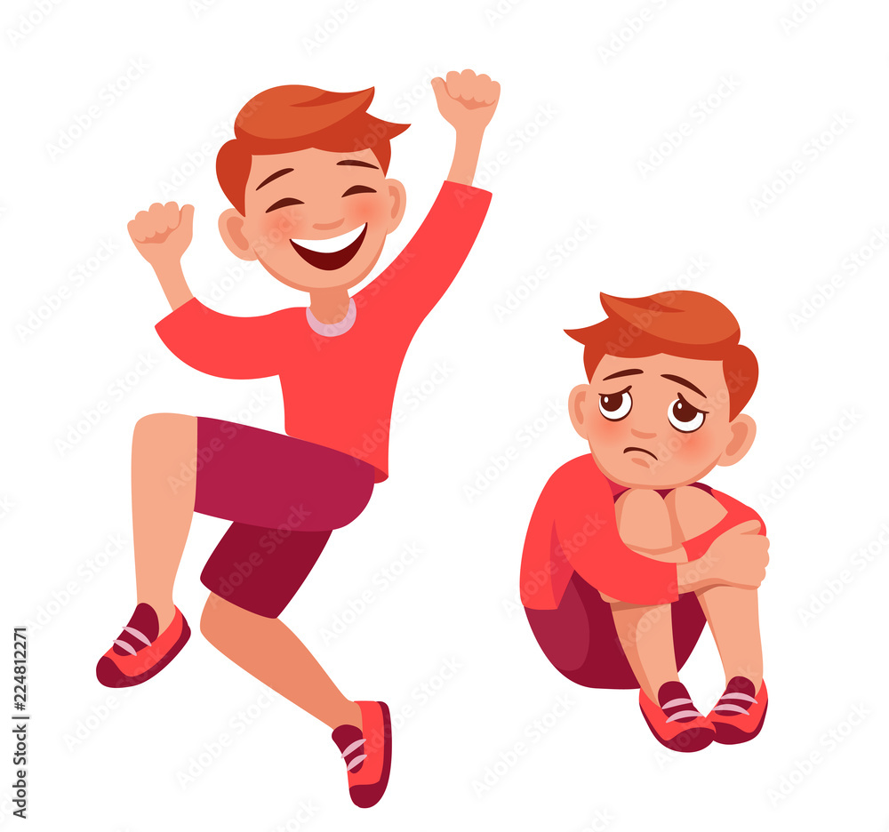 happy child jumping with joy and sad child sitting hugging his knees. bad  and good mood. Little boy different poses and emotion cartoon vector set  illustration full-length Stock Vector | Adobe Stock
