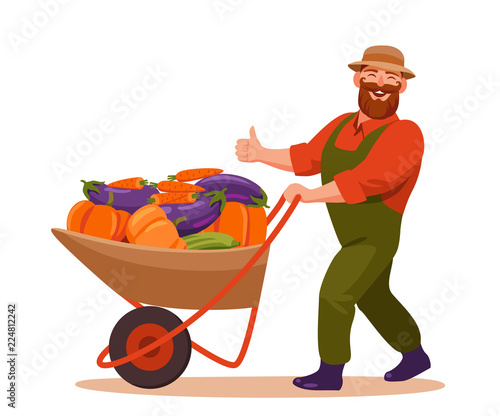 Happy bearded farmer carries a wheelbarrow with vegetables and showing thumb up. harvest cartoon vector illustration